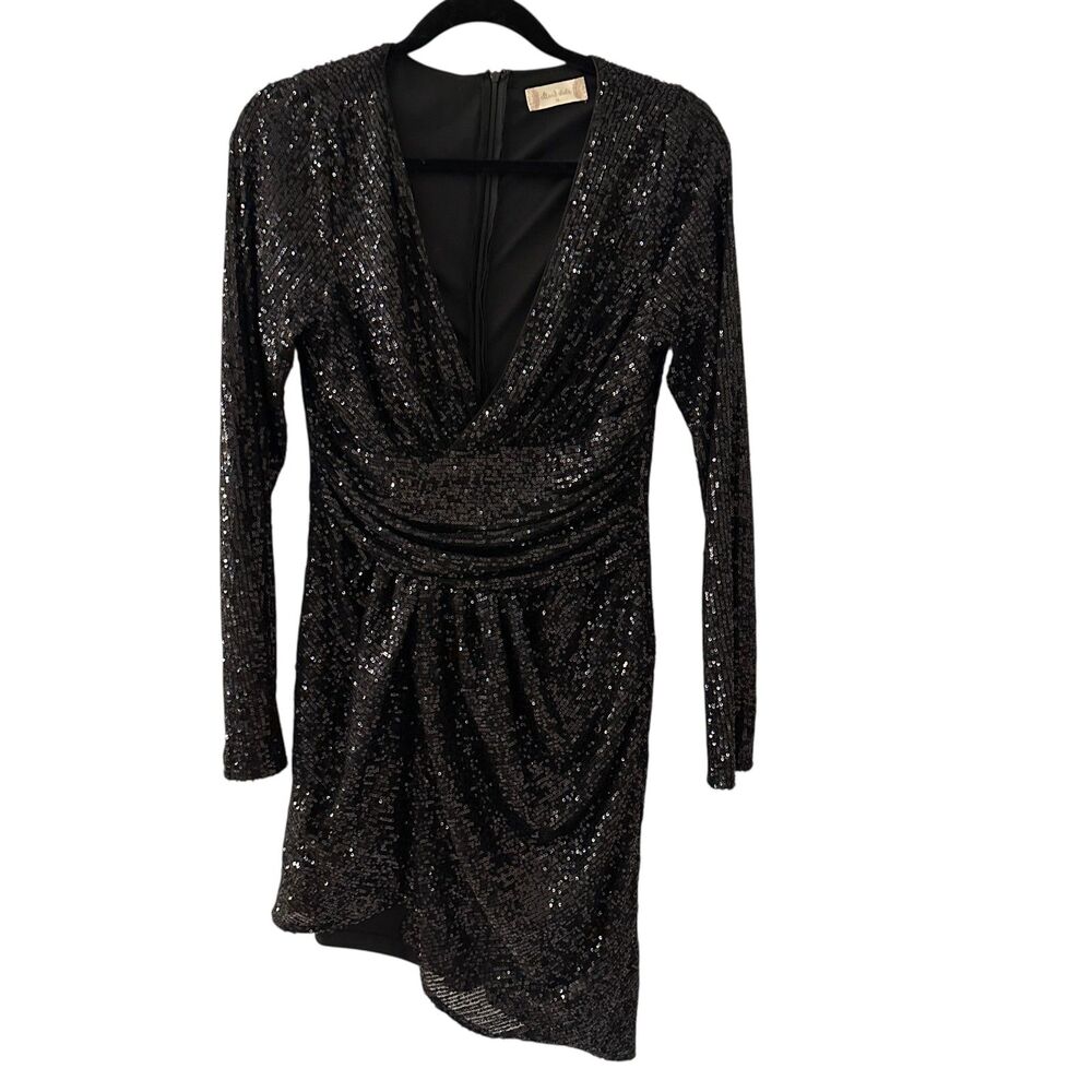 Altar'd State Black V-Neck Sequin Long Sleeve Mini Asymmetrical‎ Dress Size M